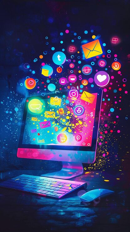 Escena vectorial de arte digital en pantalla · Graphic Design B2B · Compartamos Redes